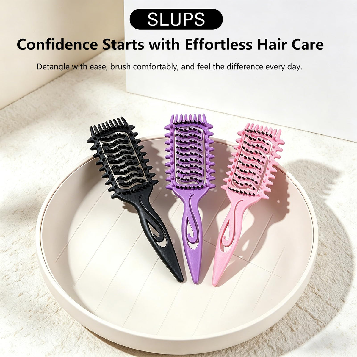 SLUPS brush set styled on a bathroom vanity showing everyday grooming use