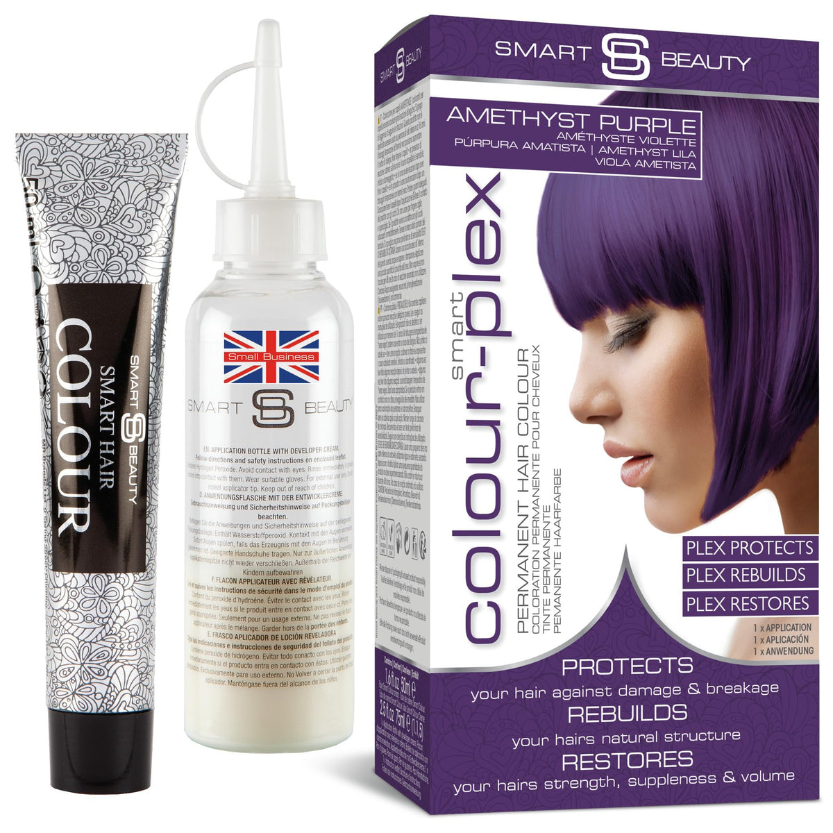 Smart Beauty front packaging showing amethyst purple hair dye, clear contents and benefits
