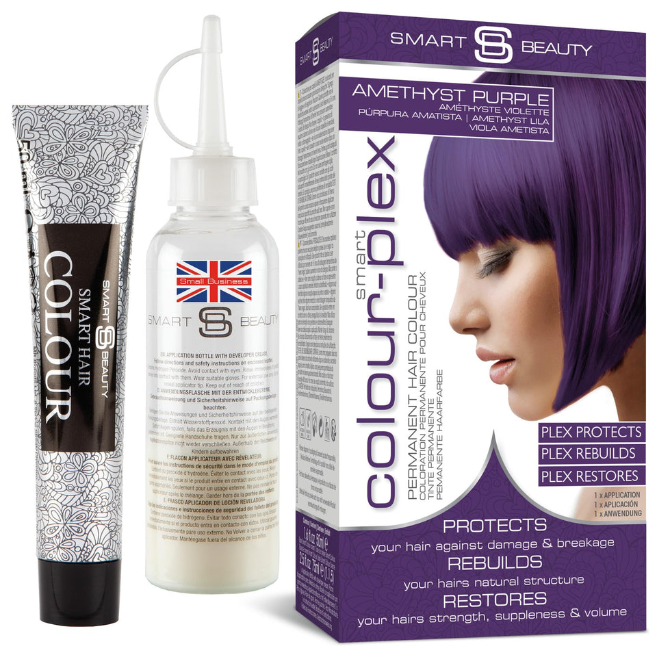 Smart Beauty front packaging showing amethyst purple hair dye, clear contents and benefits