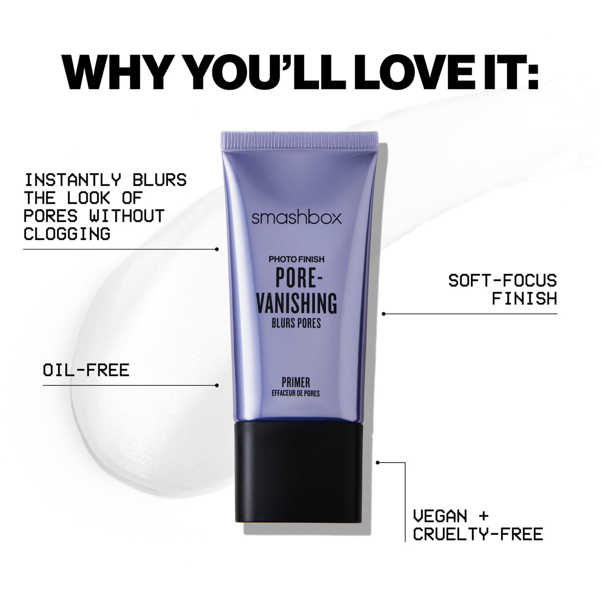 Smashbox label and ingredient callout showing Vitamin E and oil-free formula benefits