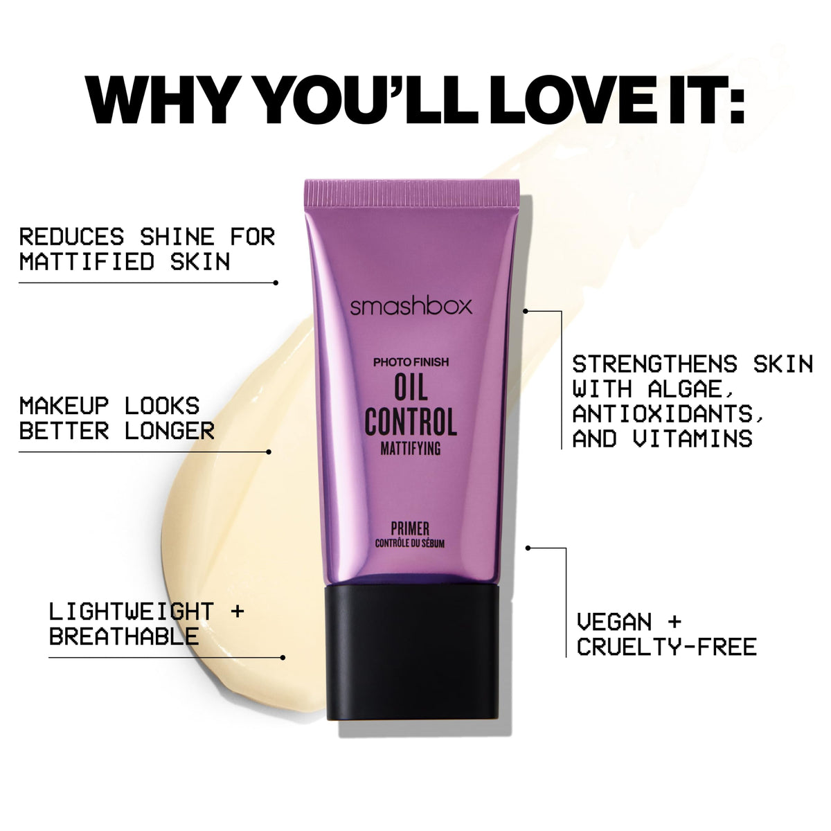 Smashbox primer beside foundation showing improved application and longevity
