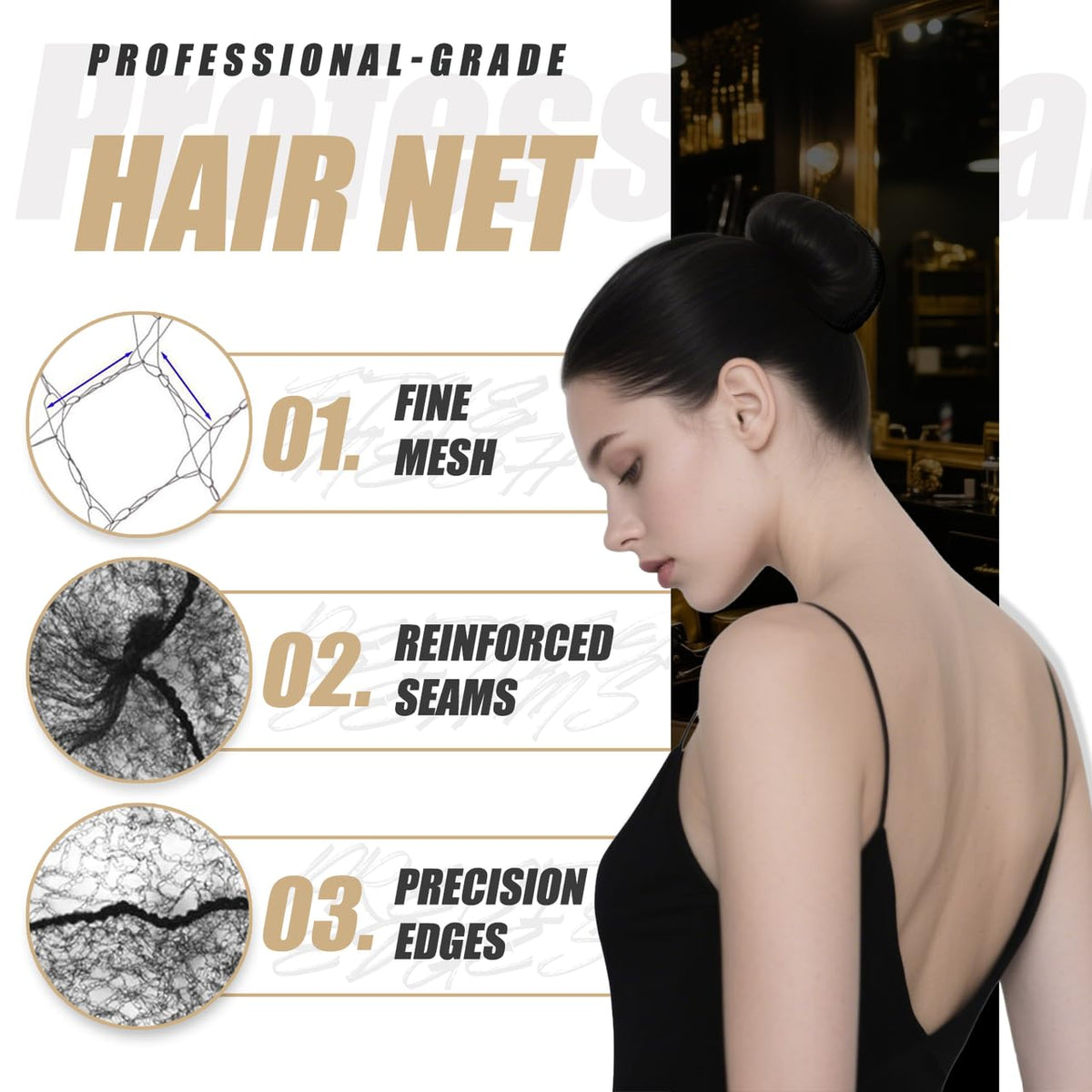 Smilco hair net on ballet bun demonstrating secure styling and tidy appearance benefit