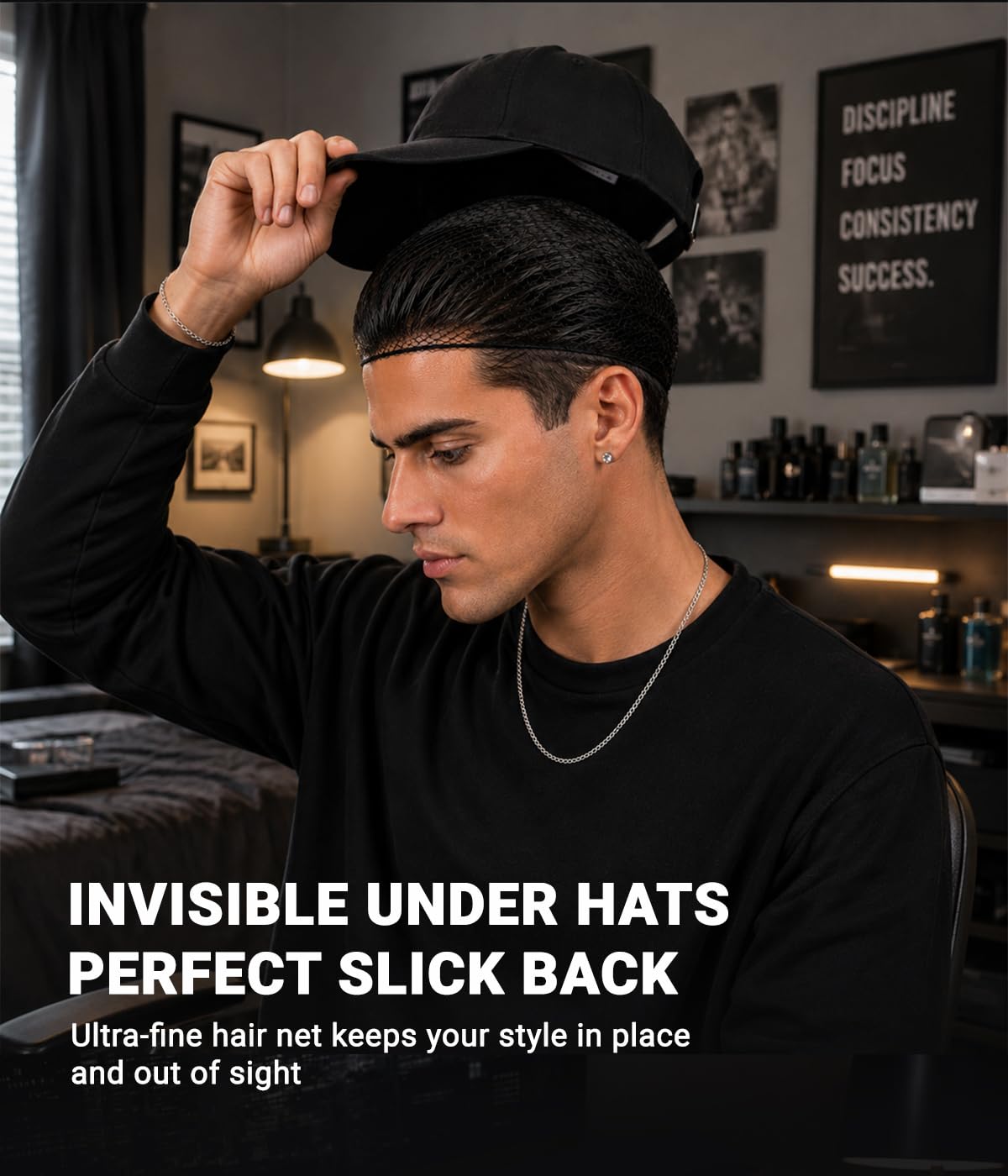Smilco hair net under a wig showing smooth concealment benefit