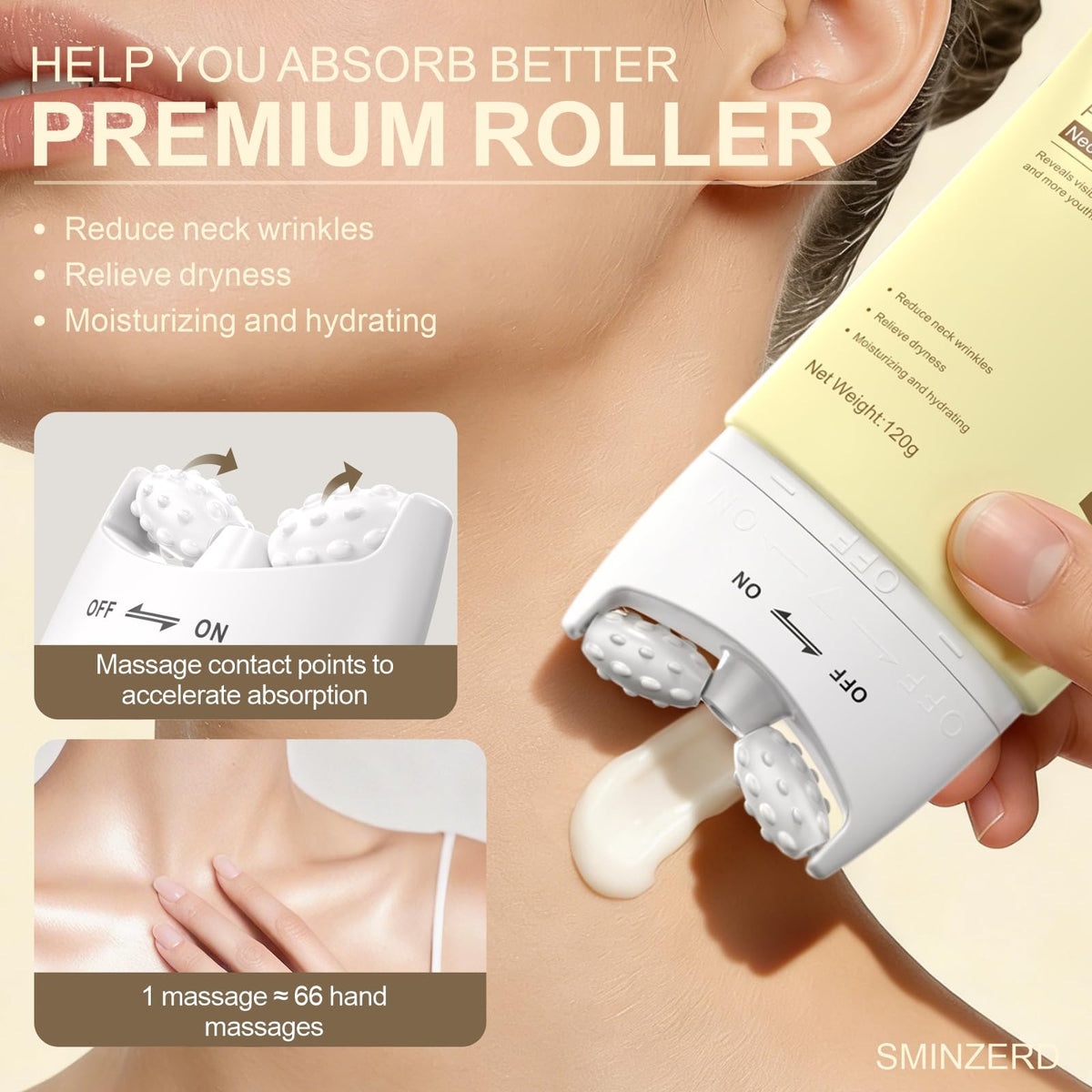 SMINZERD application demo rolling cream upward on neck to lift appearance