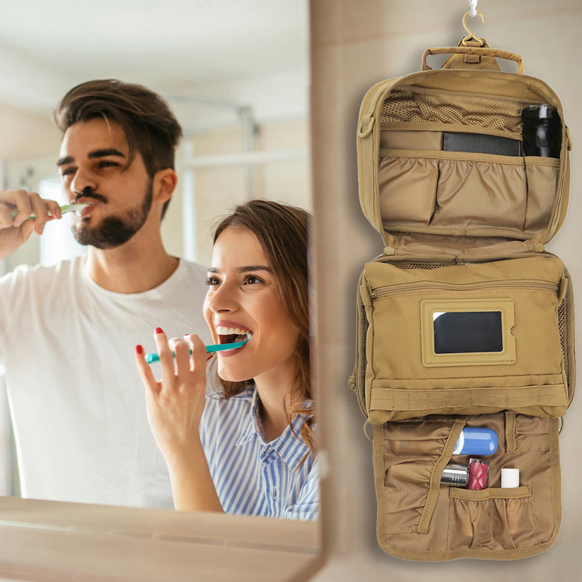 SMONT toiletry bag wide open with organized contents for quick access benefit