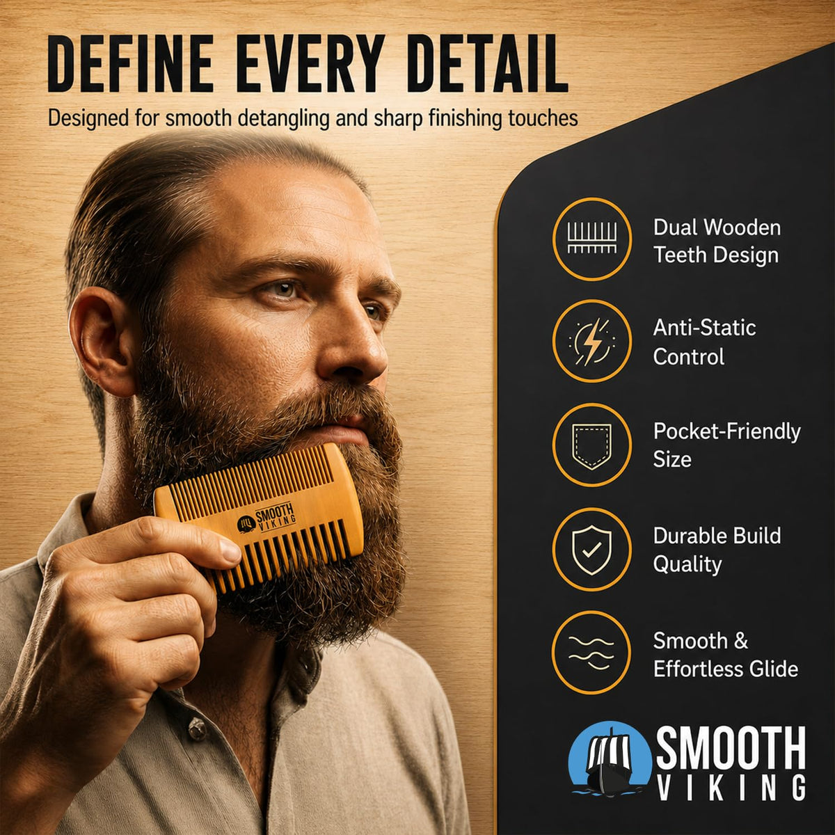 SMOOTH VIKING comb styling a beard, creating clean lines and reduced tangles
