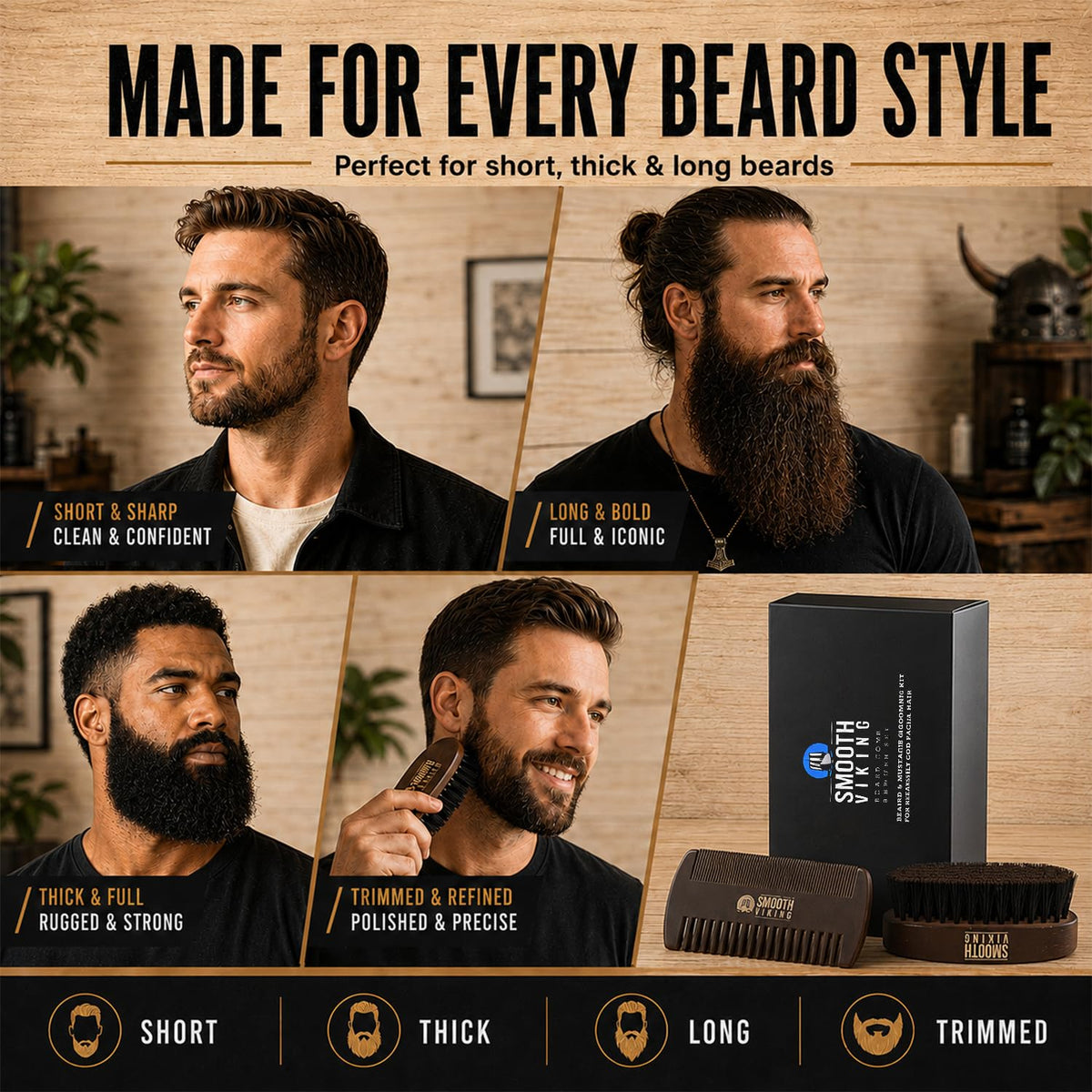 SMOOTH VIKING BEARD CARE brush held in hand showing ergonomic size and control