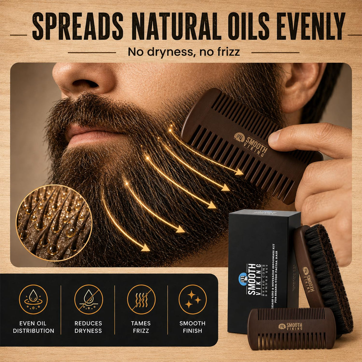 SMOOTH VIKING BEARD CARE compact travel layout with brush and comb in pouch