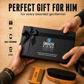 SMOOTH VIKING lifestyle shot of man grooming in mirror for polished appearance