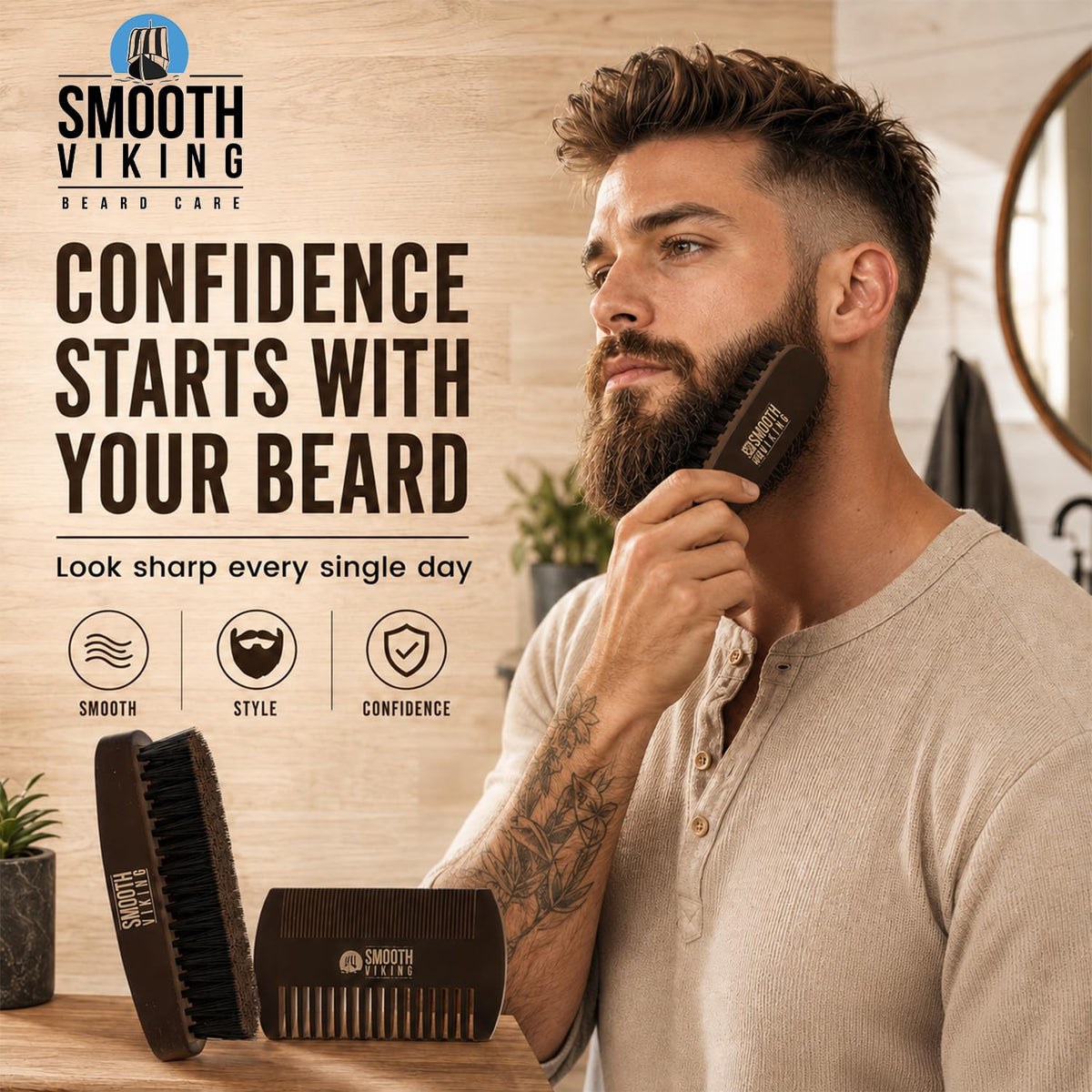 SMOOTH VIKING BEARD CARE pearwood comb detail highlighting durable polished teeth