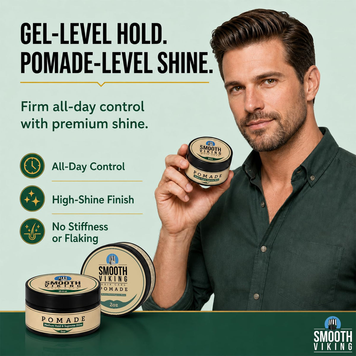 Smooth Viking styled slick back hairstyle with polished high shine