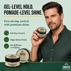 Smooth Viking styled slick back hairstyle with polished high shine