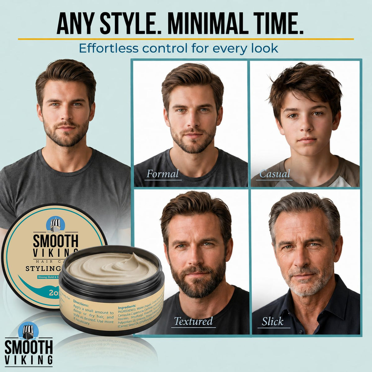 Smooth Viking styled short haircut showing matte texture and volume
