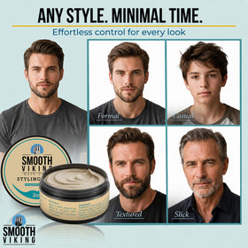 Smooth Viking styled short haircut showing matte texture and volume