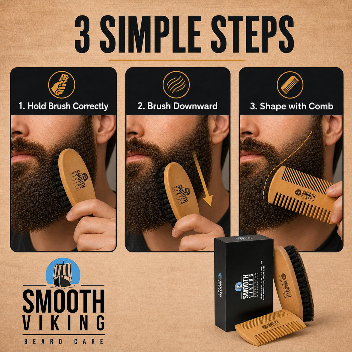 SMOOTH VIKING tools beside beard oil bottle, ready to distribute product evenly