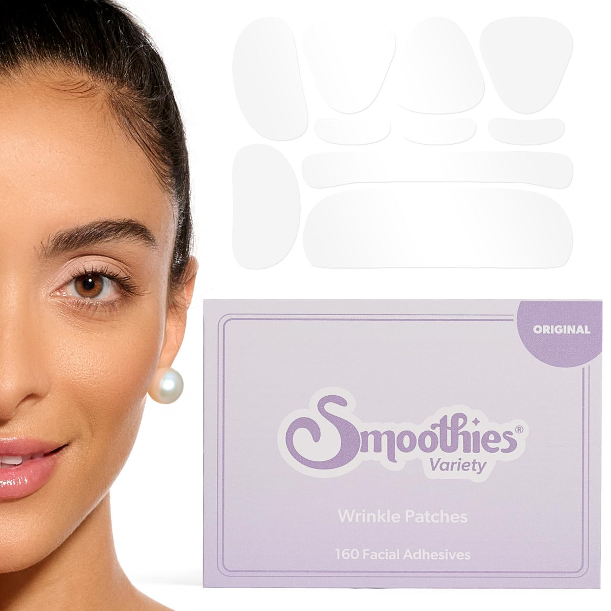 Smoothies box front packaging showing 160 facial adhesive patches and variety pack benefit