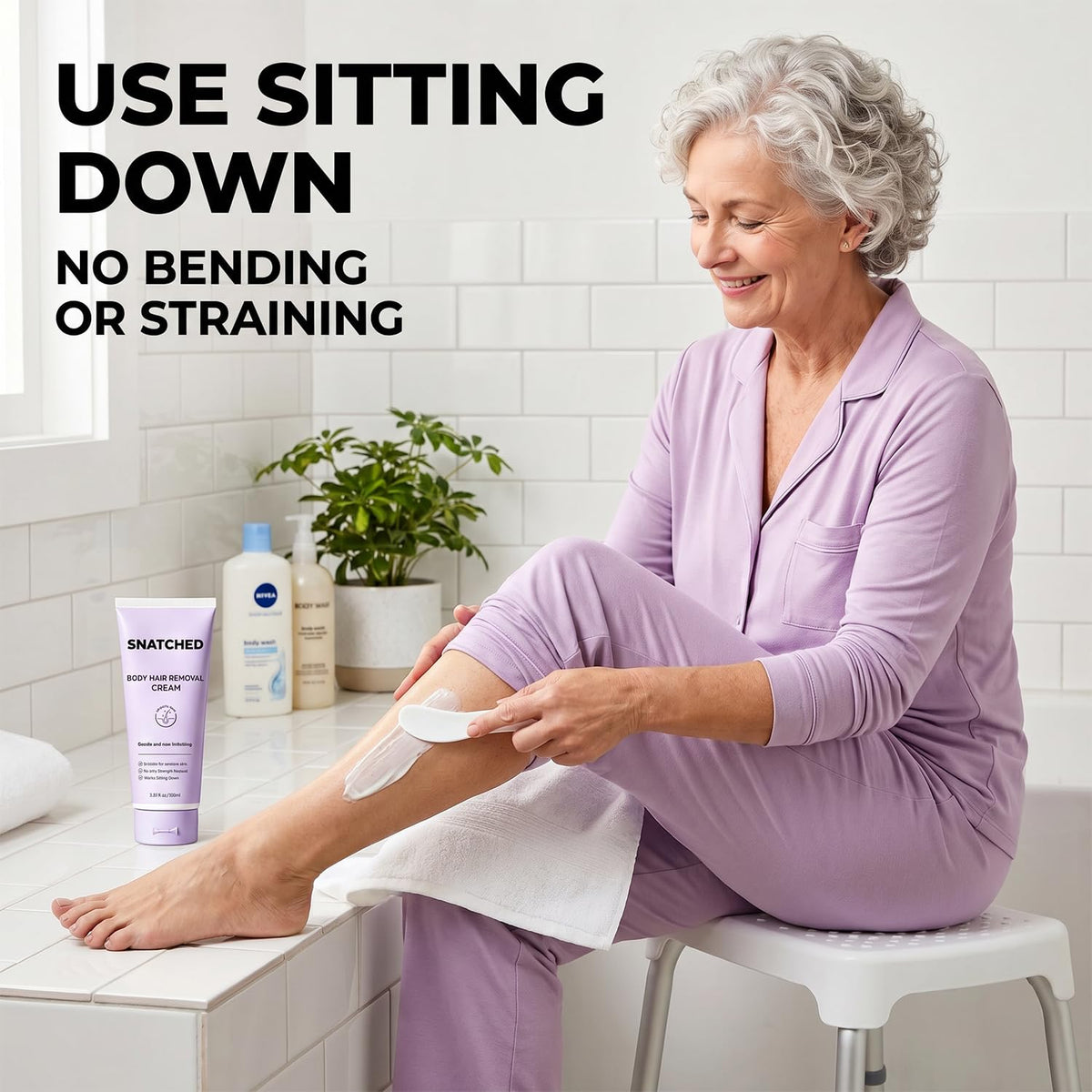 Snatched Cream spatula applying product with quick, painless removal benefit