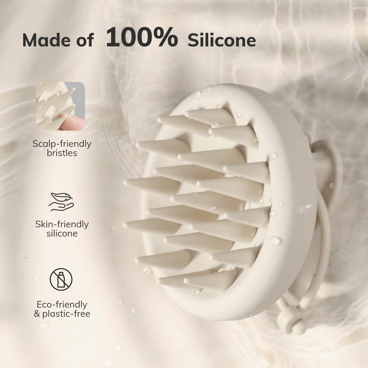 Sndyi close-up of soft silicone bristles, gentle exfoliation benefit