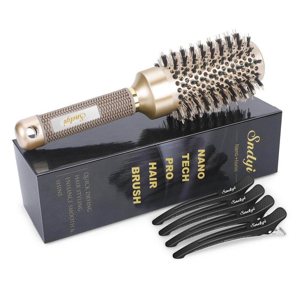 Sndyi round brush front view showing ceramic barrel and bristle layout for faster styling
