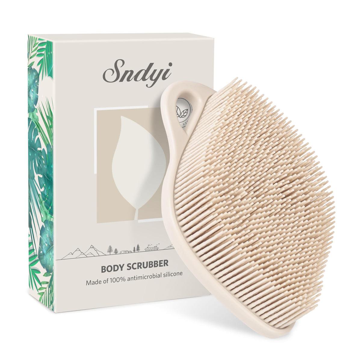 Sndyi front view of leaf-shaped silicone body scrubber highlighting design and hygiene