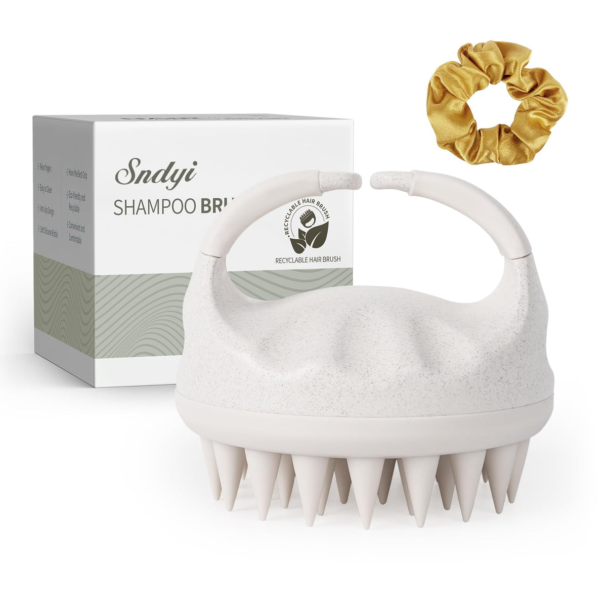 Sndyi front view beige scalp massager showing shape and grip for comfortable use