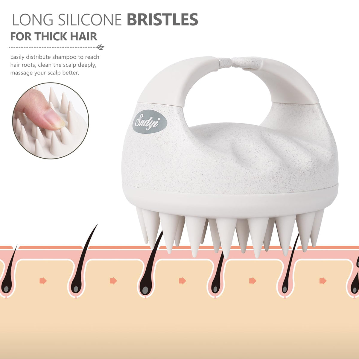 Sndyi scalp massager in shower with shampoo for deeper, easier cleansing
