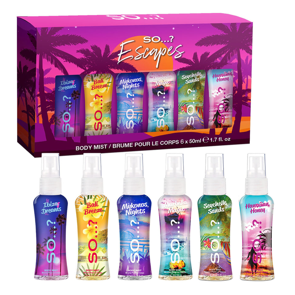 So...? front packaging of the six-piece escapes set showing variety and gifting appeal
