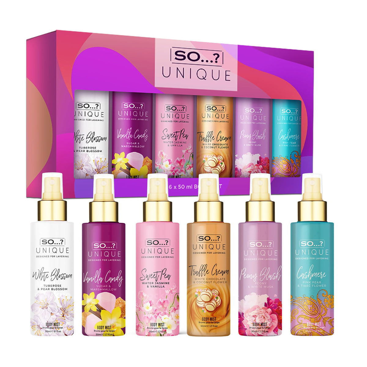 So...? front packaging view showing six travel-size body mists and gifting appeal