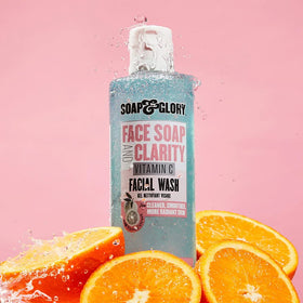 Soap & Glory bottle staged in bathroom to illustrate simple everyday use