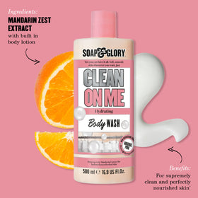 Soap & Glory back label with directions and ingredient list for informed use