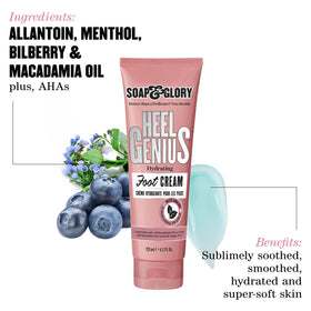 Soap & Glory Heel Genius tube cap detail showing dispenser and convenient overnight use