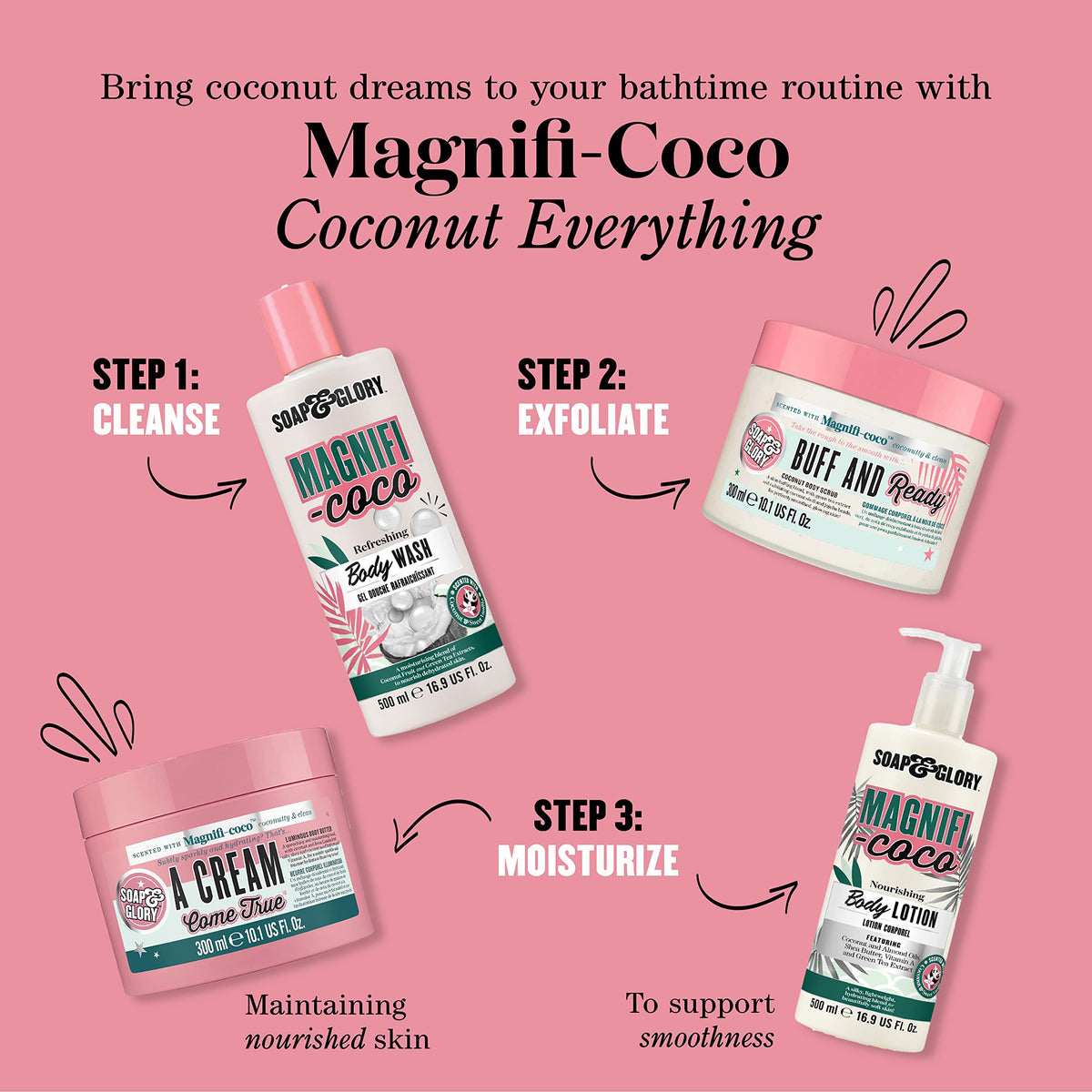 Soap & Glory back label details with directions and ingredient highlights