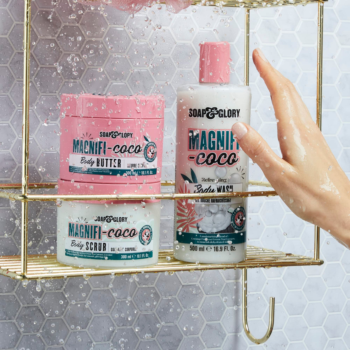 Soap & Glory coconut and almond imagery emphasizing moisturizing ingredient benefits