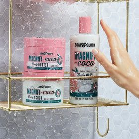 Soap & Glory coconut and almond imagery emphasizing moisturizing ingredient benefits