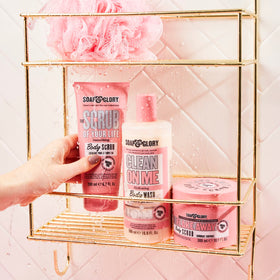 Soap & Glory open jar revealing rose-tinged polish showing moisturizing, hydrating benefit