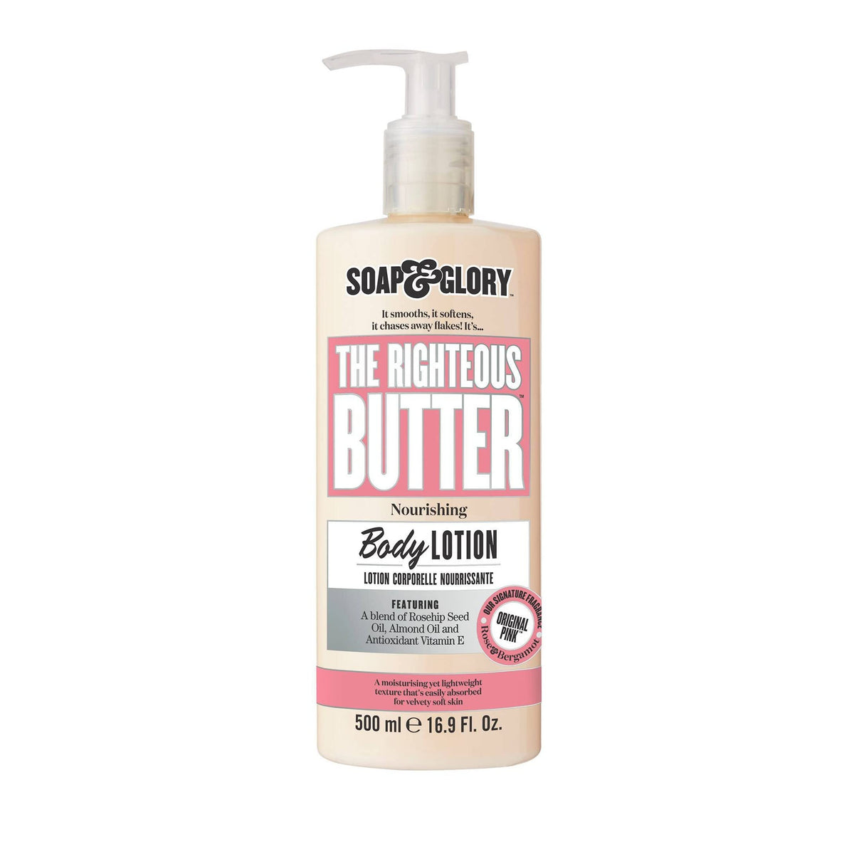Soap & Glory front pump bottle showing brand and easy dispensing benefit