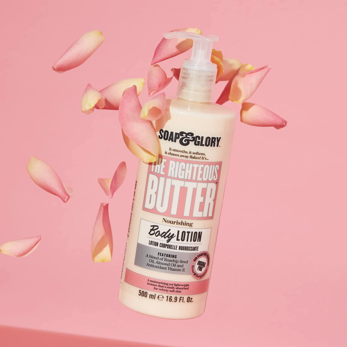Soap & Glory pump bottle on bathroom counter showing tidy storage benefit
