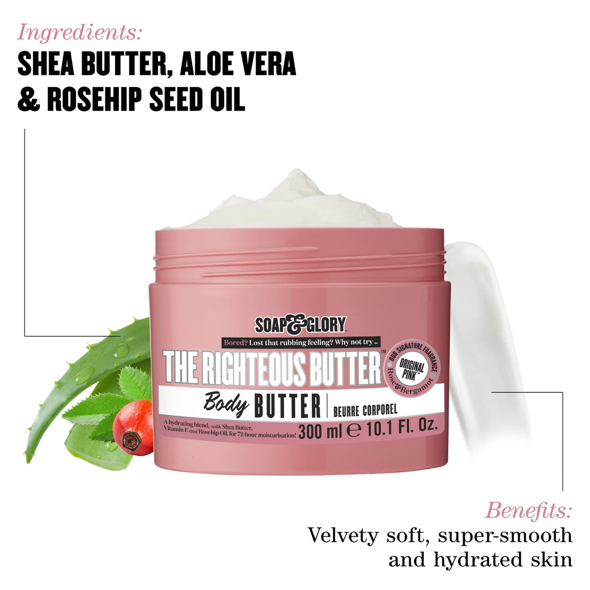Soap & Glory ingredients label listing shea butter and vitamin E benefits