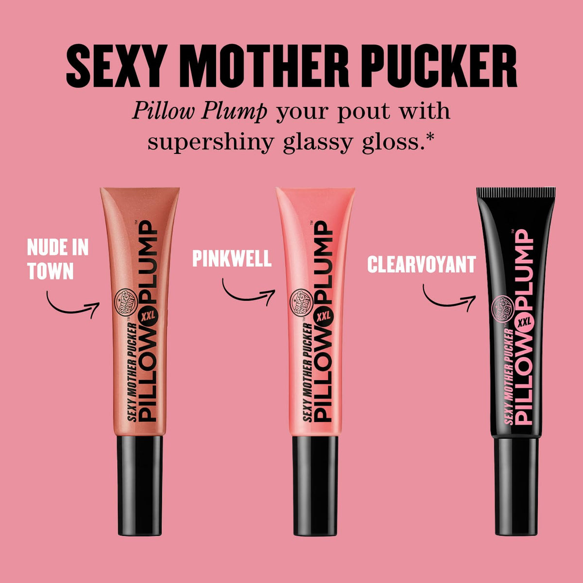 Soap & Glory gloss on model emphasizing plumper-looking, hydrated lips
