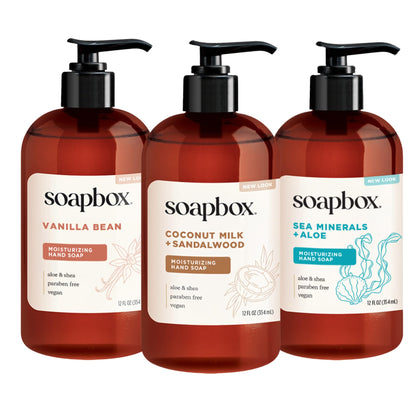 Soapbox three-pack front view showing all scent bottles and clear labels for easy choice