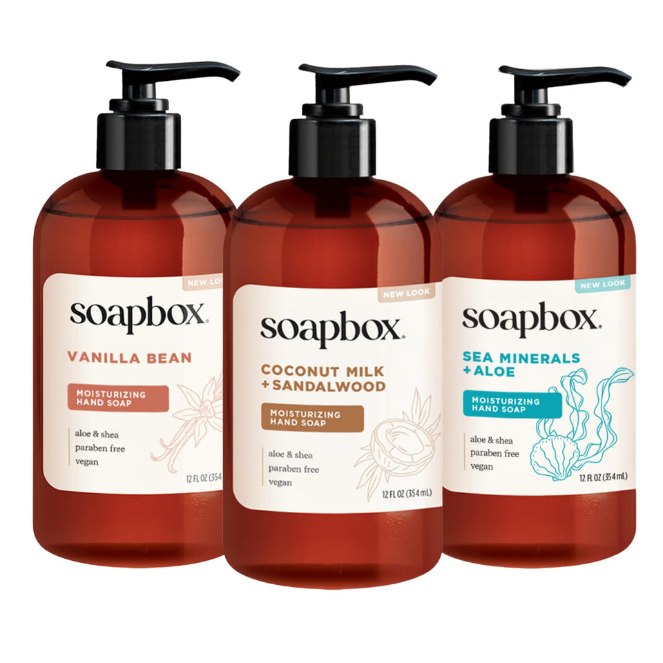 Soapbox three-pack front view showing all scent bottles and clear labels for easy choice