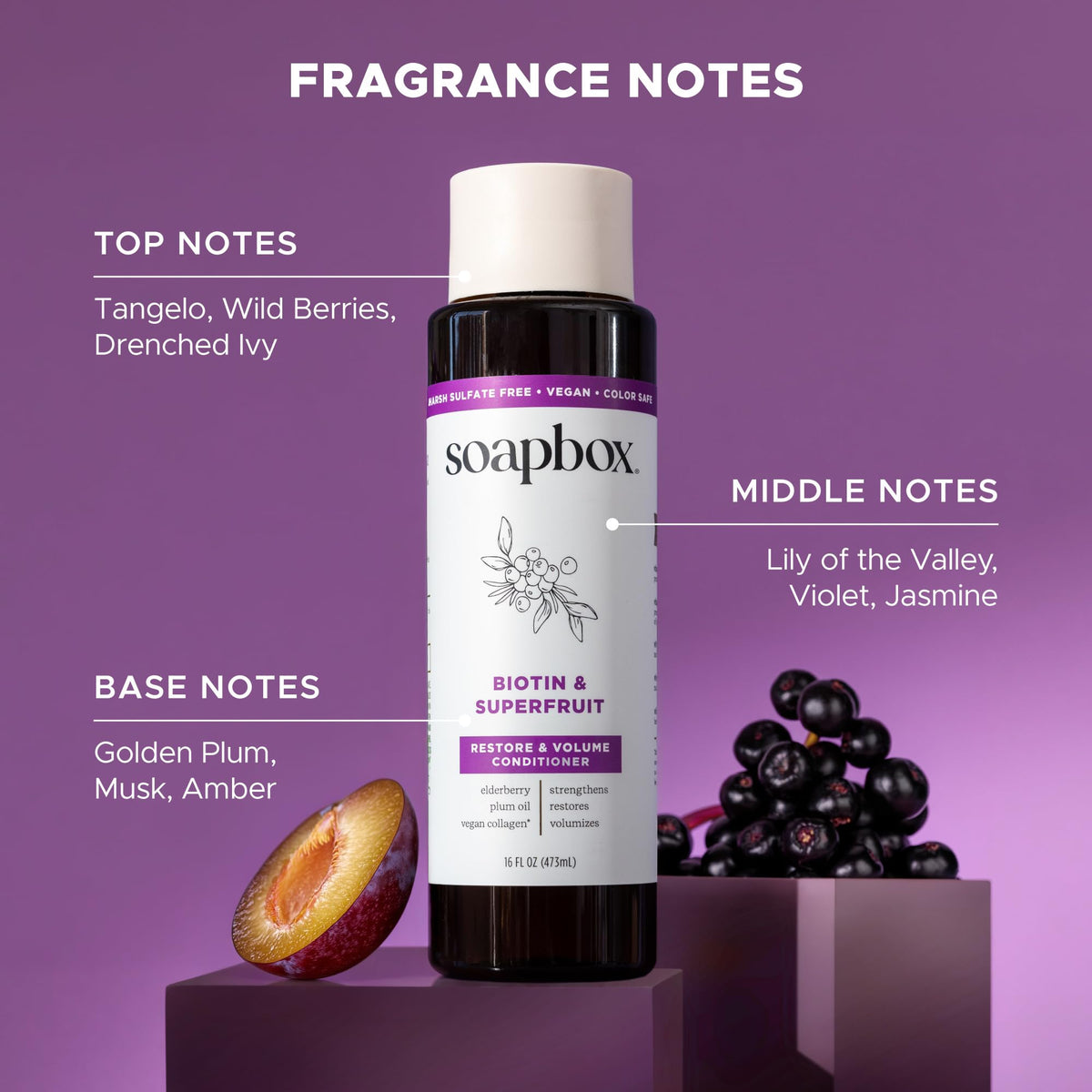 Soapbox elderberry and plum display representing nourishing actives