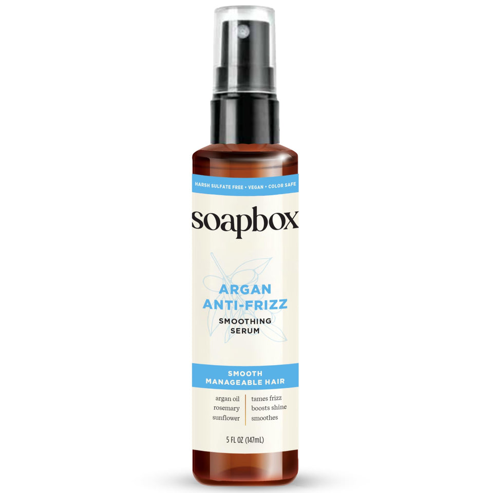 Soapbox argan oil serum front bottle showing label and matte finish benefits