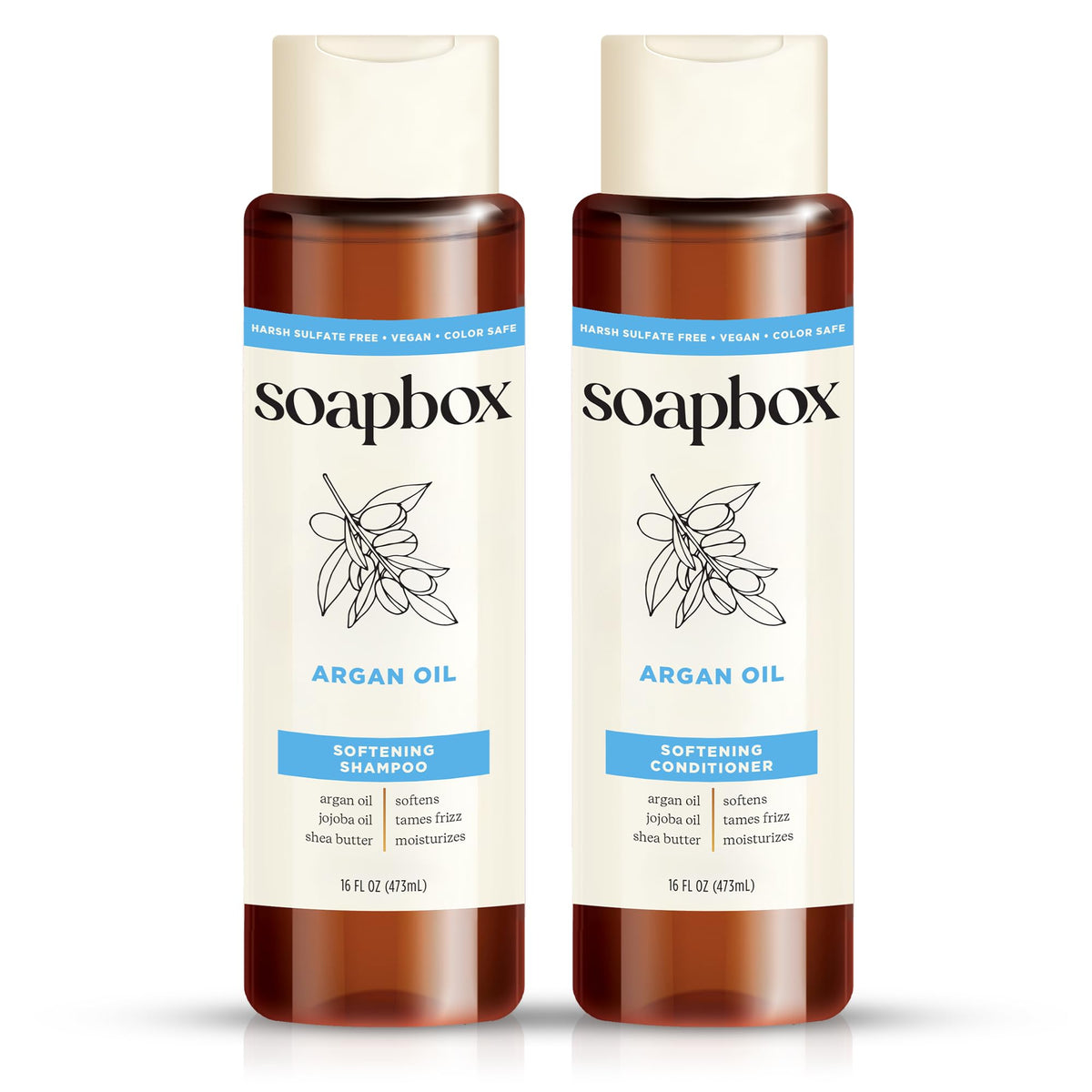 Soapbox argan oil and vanilla front packaging shows duo and fragrance benefit