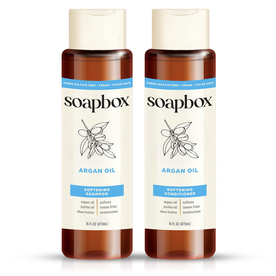 Soapbox argan oil and vanilla front packaging shows duo and fragrance benefit