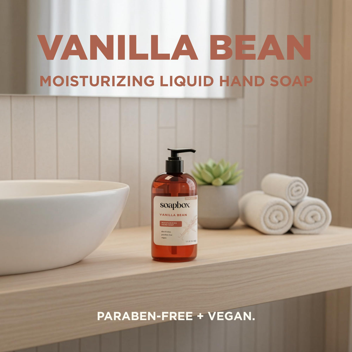 Soapbox bottle on bathroom counter lifestyle scene adding warmth and everyday use