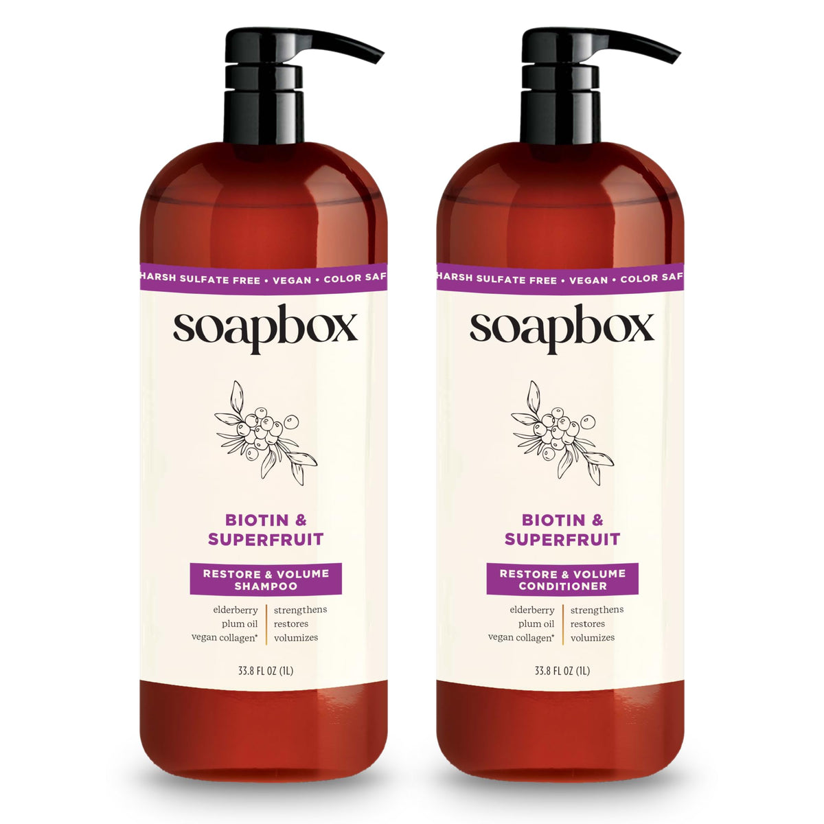 Soapbox front packaging showing biotin and super fruit set for fuller hair