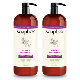 Soapbox front packaging showing biotin and super fruit set for fuller hair