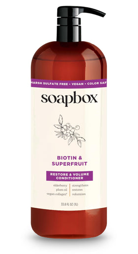 Soapbox front packaging showing volumizing conditioner and benefit