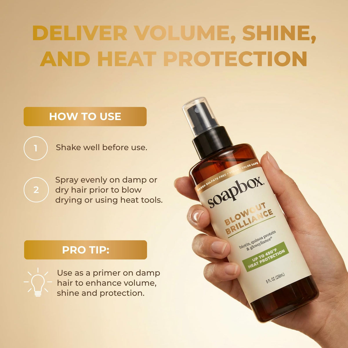 8oz Soapbox bottle beside a palm to show size and convenient travel-friendly benefit
